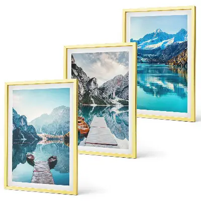 Set de 3 cuadros para salón con reflejo de barcos en lagos de montaña