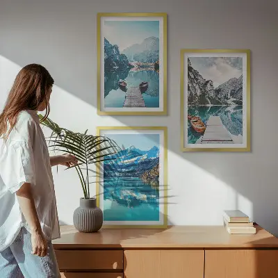 Set de 3 cuadros para salón con reflejo de barcos en lagos de montaña