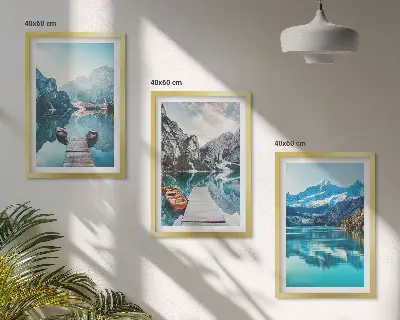 Set de 3 cuadros para salón con reflejo de barcos en lagos de montaña