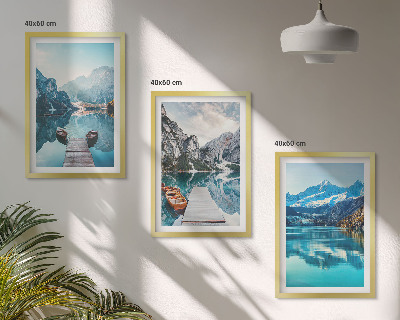 Set de 3 cuadros para salón Reflejo de barcos en lagos de montaña