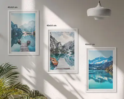 Set de 3 cuadros para salón con reflejo de barcos en lagos de montaña