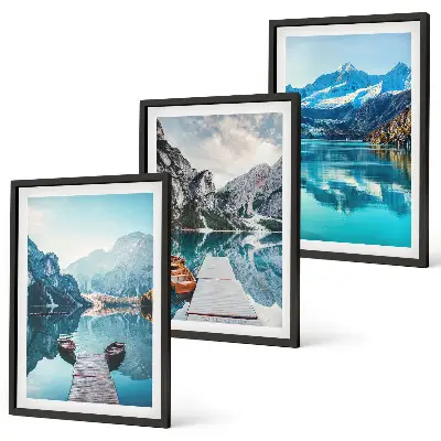 Set de 3 cuadros para salón con reflejo de barcos en lagos de montaña