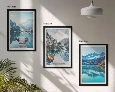 Set de 3 cuadros para salón con reflejo de barcos en lagos de montaña