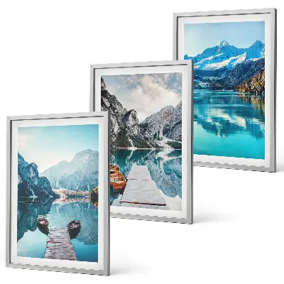 Set de 3 cuadros para salón con reflejo de barcos en lagos de montaña