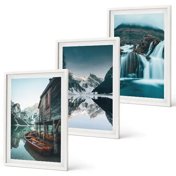 Juego de 3 cuadros con paisajes de montaña, cascada y lago