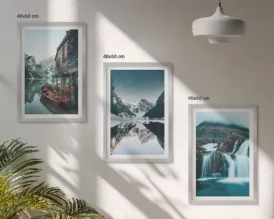 Juego de 3 cuadros con paisajes de montaña, cascada y lago
