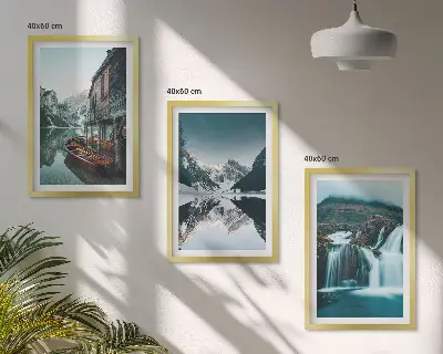 Juego de 3 cuadros con paisajes de montaña, cascada y lago