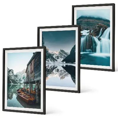 Juego de 3 cuadros con paisajes de montaña, cascada y lago