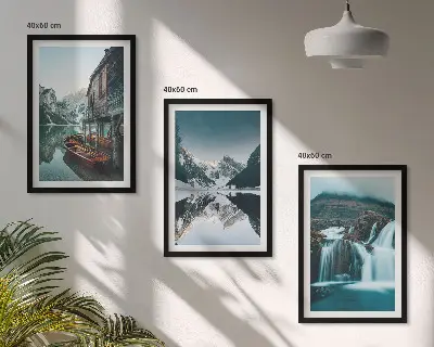 Juego de 3 cuadros con paisajes de montaña, cascada y lago