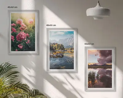Set de 3 cuadros para salón con diseño de flores, jardín, montañas y agua