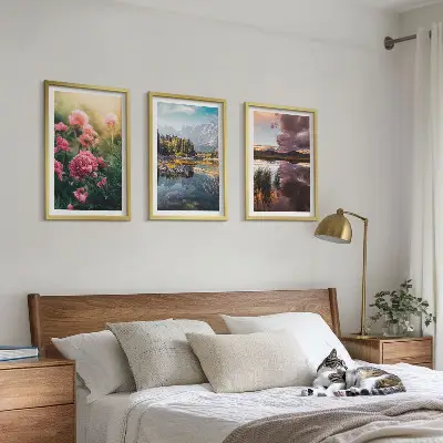 Set de 3 cuadros para salón con diseño de flores, jardín, montañas y agua