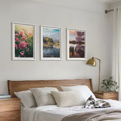 Set de 3 cuadros para salón con diseño de flores, jardín, montañas y agua