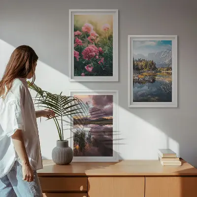 Set de 3 cuadros para salón con diseño de flores, jardín, montañas y agua