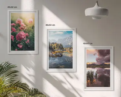 Set de 3 cuadros para salón con diseño de flores, jardín, montañas y agua