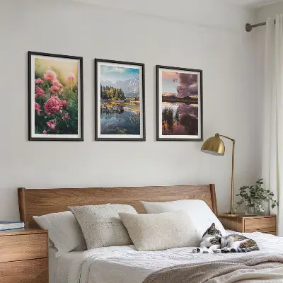 Set de 3 cuadros para salón con diseño de flores, jardín, montañas y agua