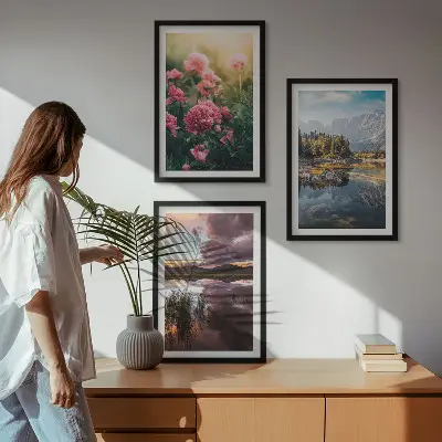 Set de 3 cuadros para salón con diseño de flores, jardín, montañas y agua