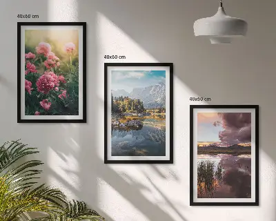 Set de 3 cuadros para salón con diseño de flores, jardín, montañas y agua