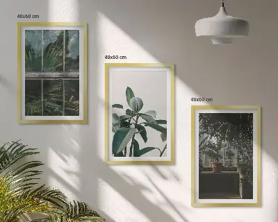 Set de 3 cuadros para salón con diseño de hojas verdes en planta de ventana