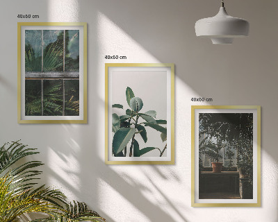 Set de 3 cuadros para salón Hojas verdes en la planta de la ventana
