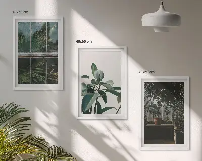 Set de 3 cuadros para salón con diseño de hojas verdes en planta de ventana