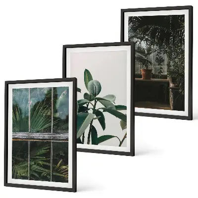 Set de 3 cuadros para salón con diseño de hojas verdes en planta de ventana