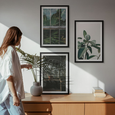 Set de 3 cuadros para salón Hojas verdes en la planta de la ventana