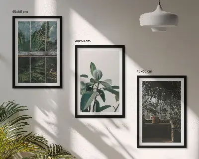 Set de 3 cuadros para salón con diseño de hojas verdes en planta de ventana