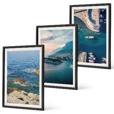 Juego de 3 cuadros con motivos de vistas al mar, acantilados y puertos