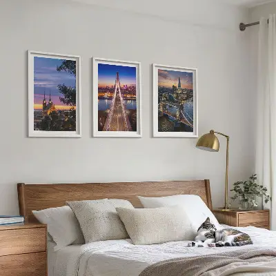 Set de 3 cuadros para salón con vistas de puentes y puestas de sol
