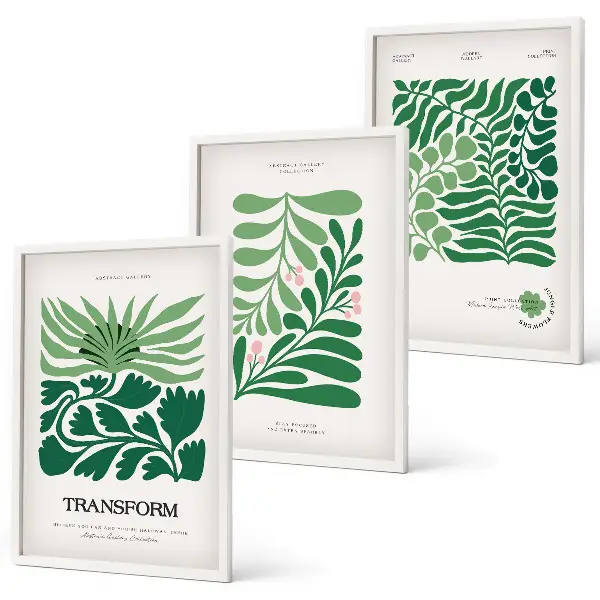 Set de 3 cuadros para salón con diseño de formas de plantas de hojas verdes