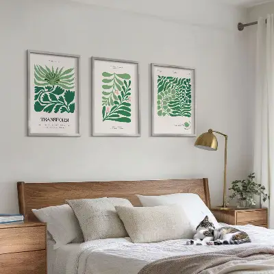 Set de 3 cuadros para salón con diseño de formas de plantas de hojas verdes
