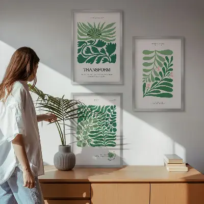 Set de 3 cuadros para salón con diseño de formas de plantas de hojas verdes
