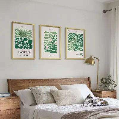 Set de 3 cuadros para salón con diseño de formas de plantas de hojas verdes