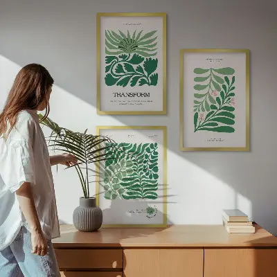 Set de 3 cuadros para salón con diseño de formas de plantas de hojas verdes