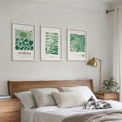 Set de 3 cuadros para salón con diseño de formas de plantas de hojas verdes