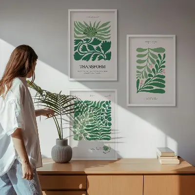 Set de 3 cuadros para salón con diseño de formas de plantas de hojas verdes