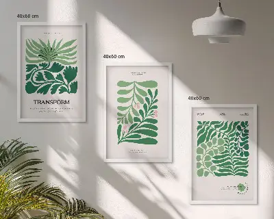 Set de 3 cuadros para salón con diseño de formas de plantas de hojas verdes