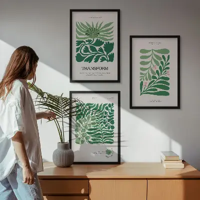 Set de 3 cuadros para salón con diseño de formas de plantas de hojas verdes