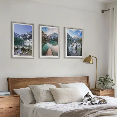 Set de 3 cuadros para salón con diseño de montañas, lagos y muelles de madera