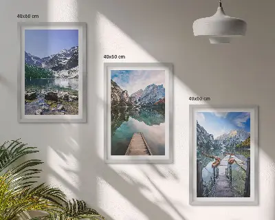 Set de 3 cuadros para salón con diseño de montañas, lagos y muelles de madera