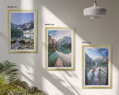Set de 3 cuadros para salón con diseño de montañas, lagos y muelles de madera