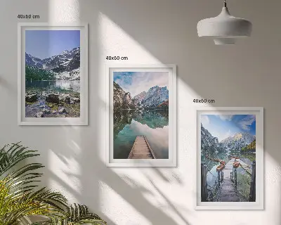 Set de 3 cuadros para salón con diseño de montañas, lagos y muelles de madera