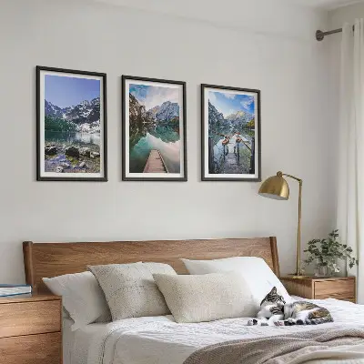 Set de 3 cuadros para salón con diseño de montañas, lagos y muelles de madera