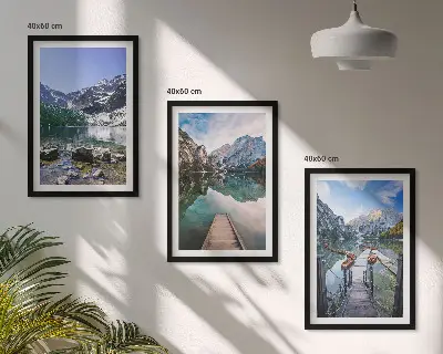 Set de 3 cuadros para salón con diseño de montañas, lagos y muelles de madera