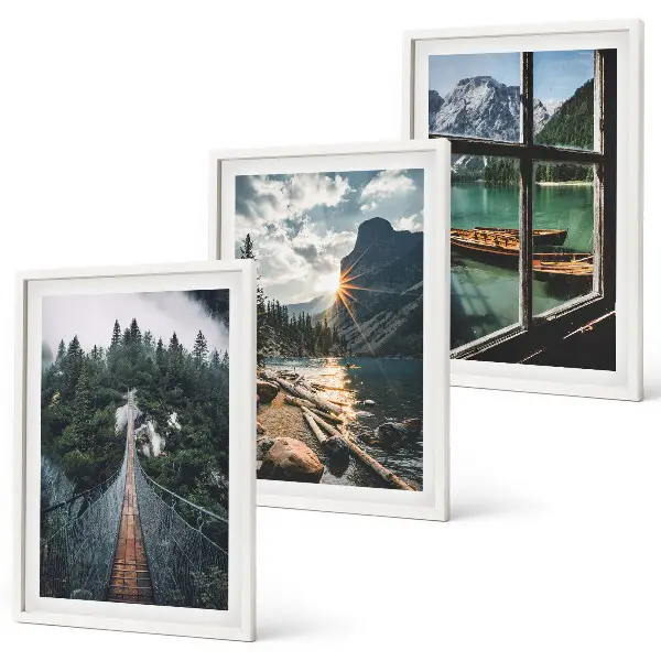 Juego de 3 cuadros con motivos de puente, bosque, lago, barcos y montañas