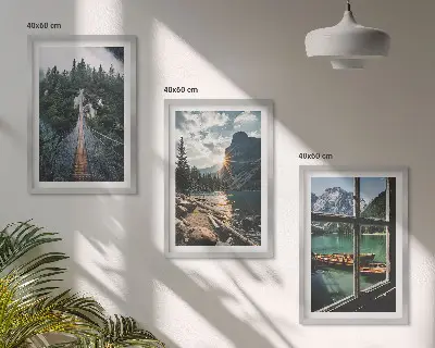 Juego de 3 cuadros con motivos de puente, bosque, lago, barcos y montañas