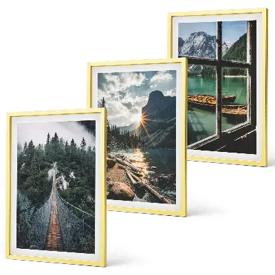 Juego de 3 cuadros con motivos de puente, bosque, lago, barcos y montañas
