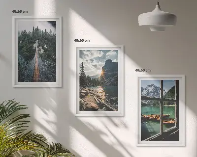 Juego de 3 cuadros con motivos de puente, bosque, lago, barcos y montañas