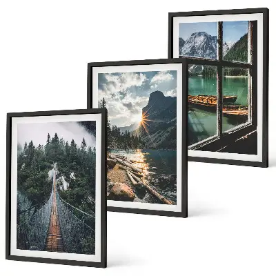 Juego de 3 cuadros con motivos de puente, bosque, lago, barcos y montañas