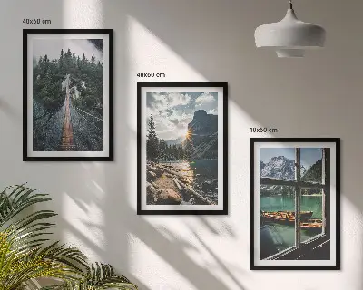 Juego de 3 cuadros con motivos de puente, bosque, lago, barcos y montañas